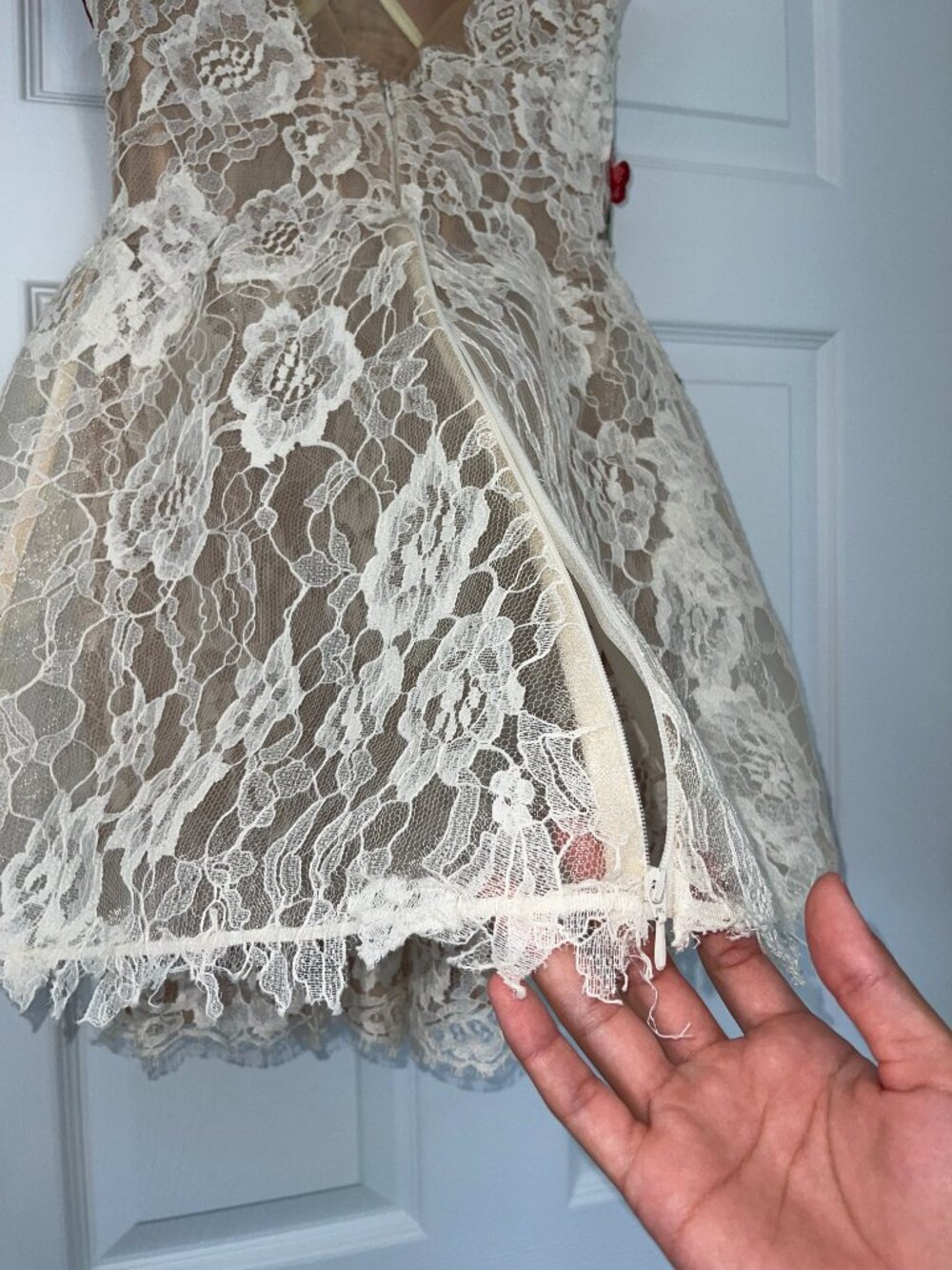 Gemy Maalouf Ivory Lace Red Rose Appliqué Dress | Size 6 | $2,350 Retail - Picture 5 of 9